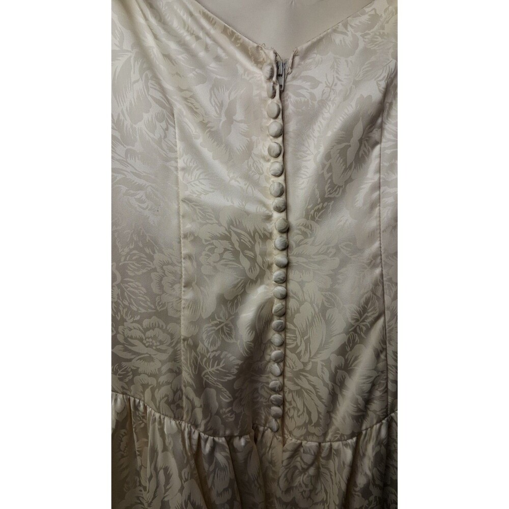 Vintage 80s 90s Satin Wedding Gown with Cathedral Train Romantic Brocade Floral - Picture 9 of 16